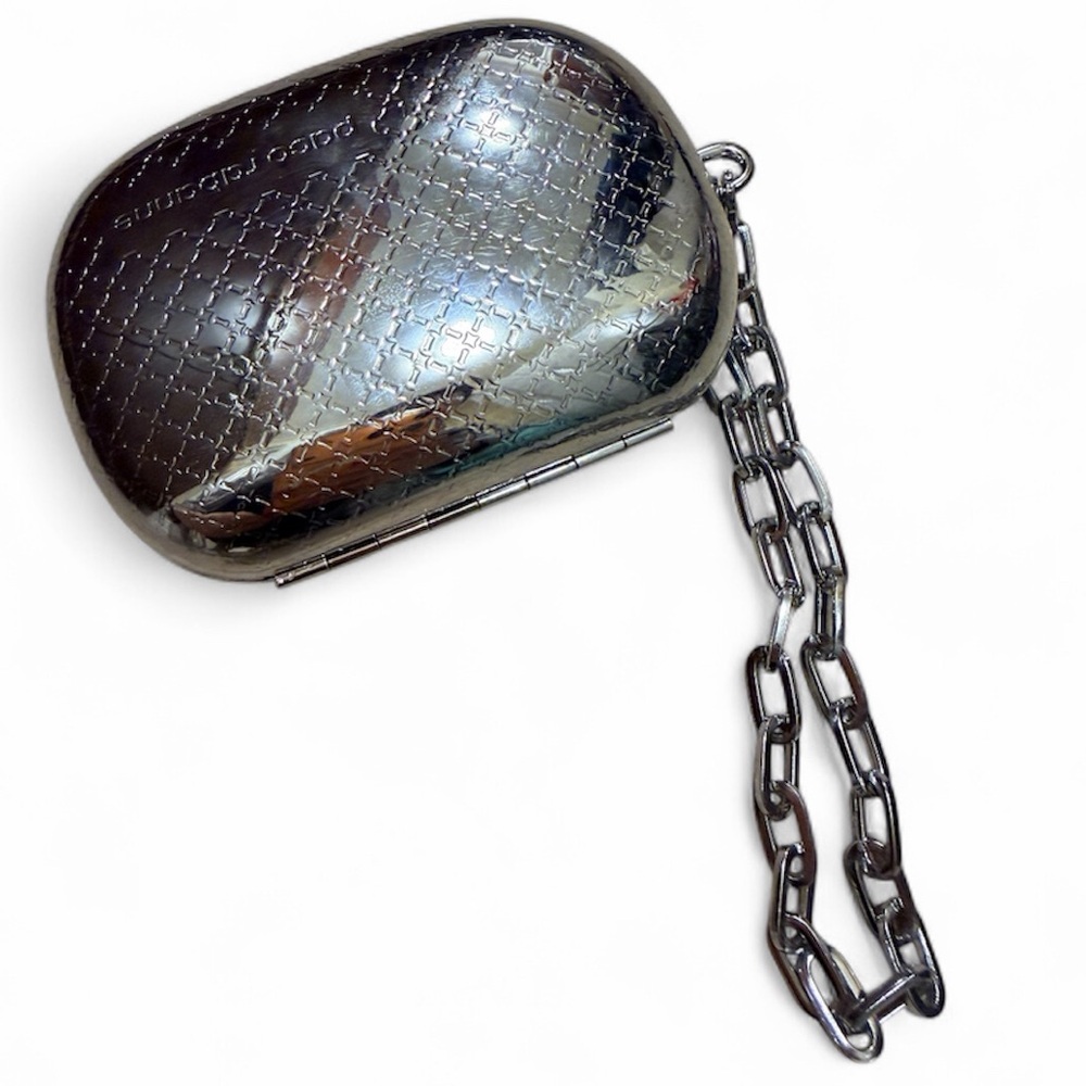 PACO RABANNE Metal Clutch Mini Handbag Evening Chain Shiny Mirror Finish Silver